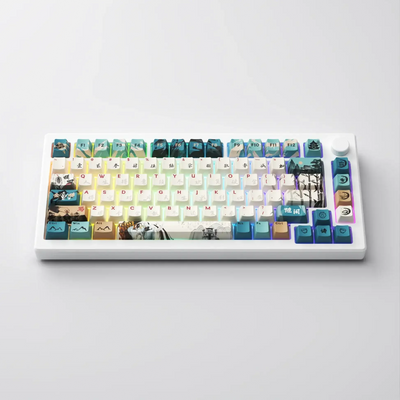 Kolorowa klawiatura mechaniczna z motywami graficznymi na keycapach, idealna do biura