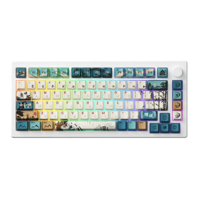 Kolorowa klawiatura mechaniczna z motywami azjatyckimi i podświetleniem RGB, idealna do home office.