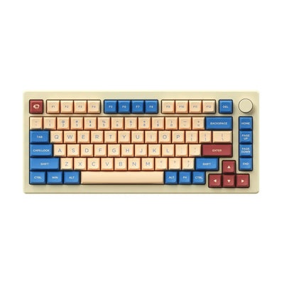 Kolorowa klawiatura mechaniczna z żółtymi, niebieskimi i bordowymi keycapami, układ TKL.