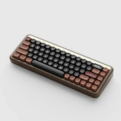 Brązowo-czarna klawiatura mechaniczna, retro keycapy, idealna do home office