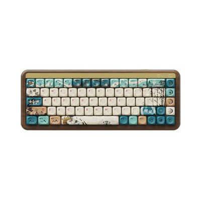 Klawiatura mechaniczna z artystycznymi keycapami w motywie krajobrazu, kolory niebieski i beżowy.
