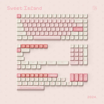 Zestaw różowo-białych keycapów do klawiatury mechanicznej z motywem Sweet Island, 2024.
