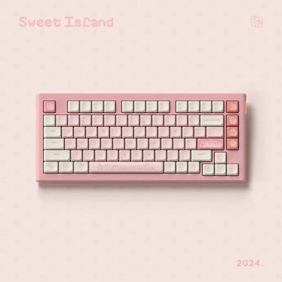 Różowa klawiatura mechaniczna Sweet Island z białymi i różowymi klawiszami, styl biurowy.