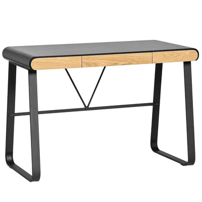 Biurko do home office, nowoczesny design, czarny blat, drewniane fronty, metalowe nogi