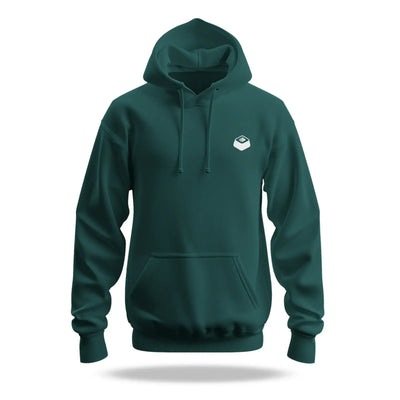 Zielona bluza z kapturem, kieszenią kangurką i minimalistycznym białym logotypem na piersi