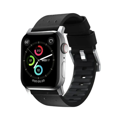 Nowoczesny smartwatch z czarnym paskiem sportowym, widok z boku na tarczę