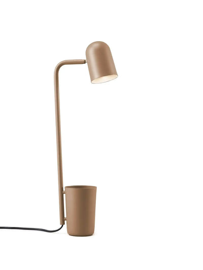 Beżowa lampa biurkowa minimalistyczna z miejscem na przybory, idealna do home office