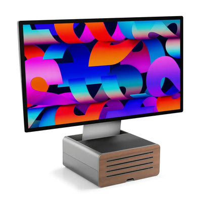 Stojak biurkowy pod monitor z elementem drewnianym, idealny do ergonomicznego desk setupu