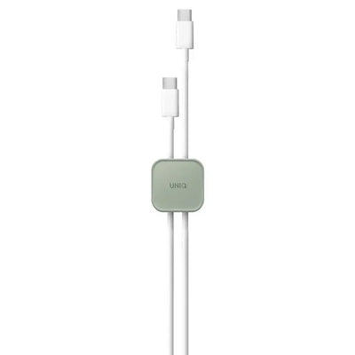 Organizator do kabli biurowych UNIQ w kolorze zielonym, dwa białe przewody USB-C