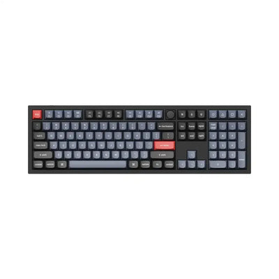 Klawiatura mechaniczna z ciemnymi keycapami, czerwonym enterem i przyciskiem esc, idealna do biura.