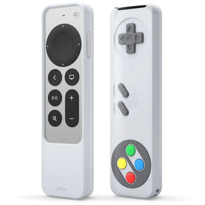 Etui na pilot Apple TV w stylu retro, biało-szare, z kolorowymi przyciskami.