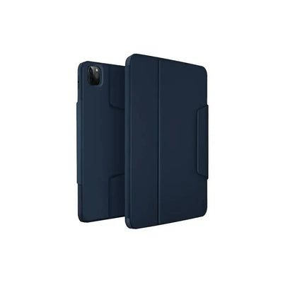 Granatowe etui na tablet z klapą, minimalistyczny design, akcesoria biurowe
