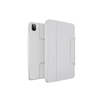 Białe etui na tablet z klapką ochronną, minimalistyczny design, akcesoria biurowe