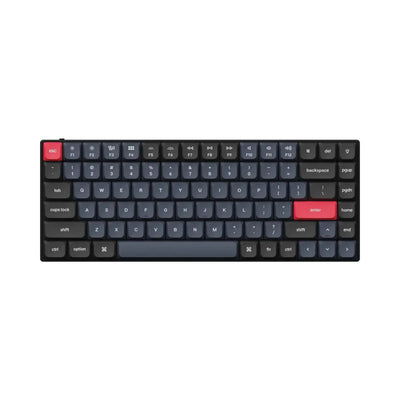 Klawiatura mechaniczna kompaktowa z ciemnymi keycapami i czerwonymi klawiszami esc i enter