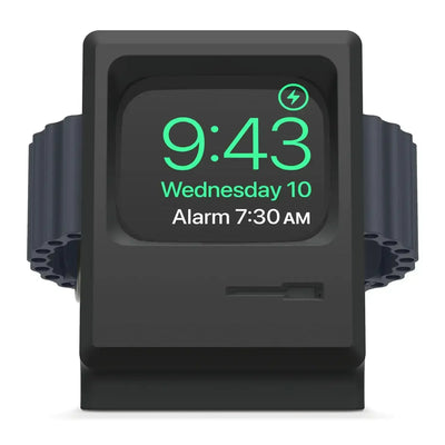 Stojak na Apple Watch w kształcie retro komputera, czarny, idealny na biurko.