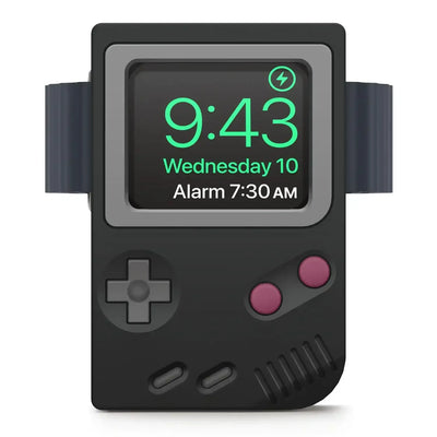 Czarny stojak na smartwatch w kształcie retro konsoli do gier, idealny na biurko