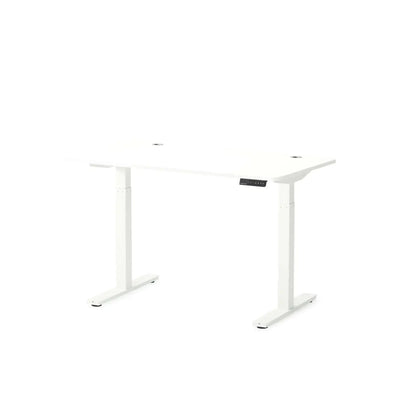 Białe biurko regulowane elektrycznie, idealne do nowoczesnego home office i desk setupu.