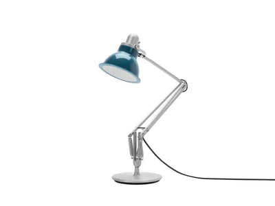 Biurkowa lampa z regulowanym ramieniem, niebieski klosz, idealna do home office
