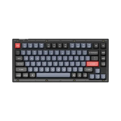 Klawiatura mechaniczna compact, czarne i szare keycapy z czerwonym ESC i Enter, nowoczesny design