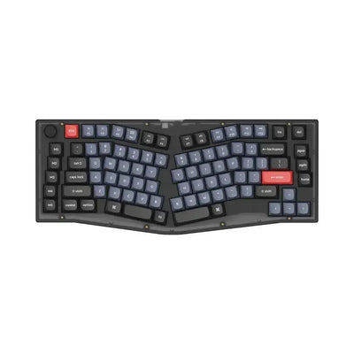 Ergonomiczna klawiatura mechaniczna z ciemnymi i czerwonymi keycapami, widok z góry.