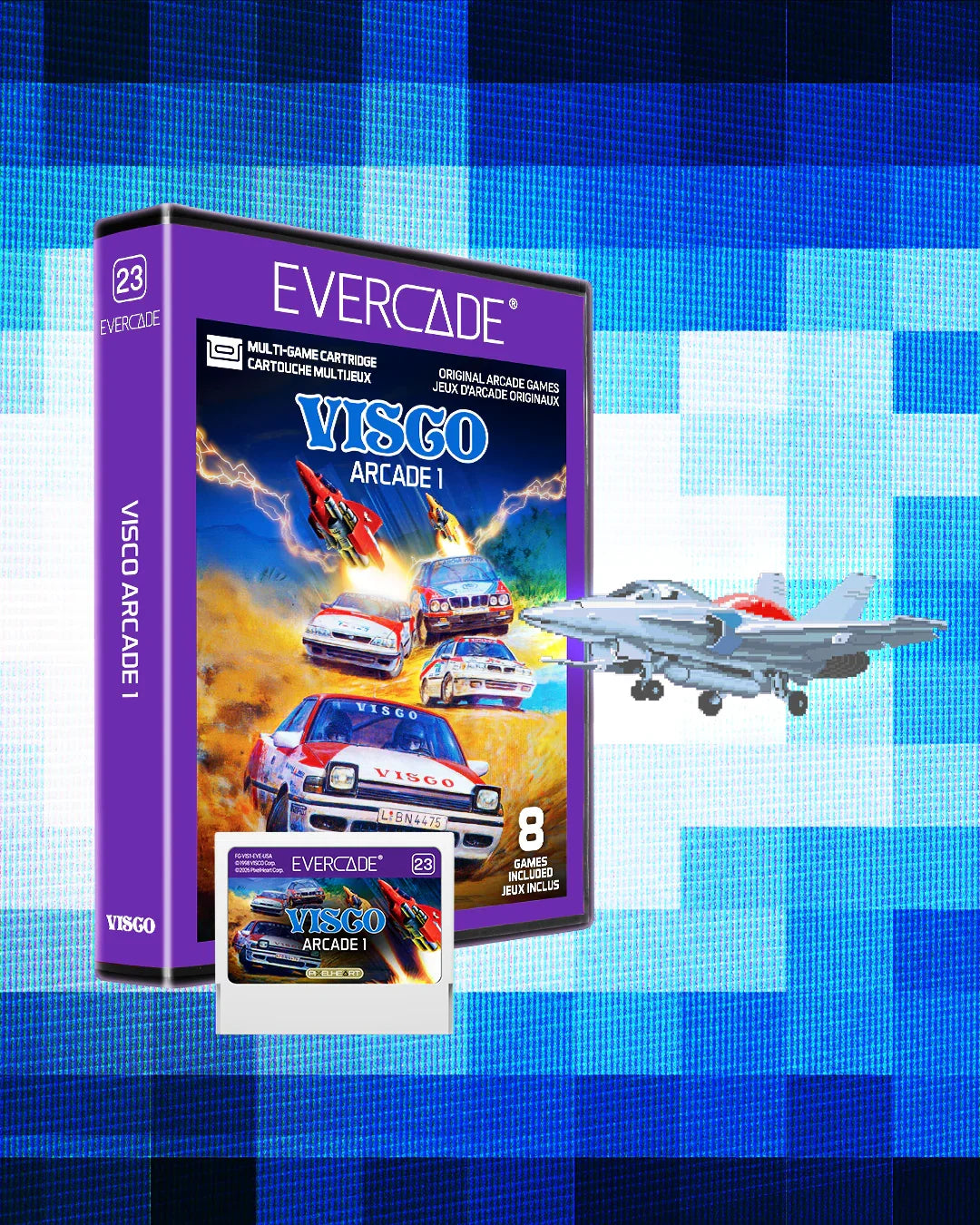Pudełko Evercade Visco Arcade 1 z kasetą gier i modelem samolotu na tle pikseli