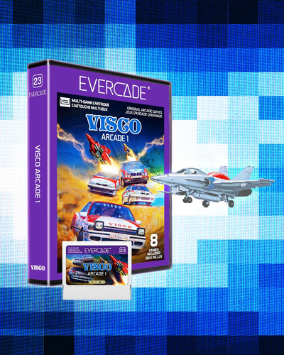 Pudełko Evercade Visco Arcade 1 z kasetą gier i modelem samolotu na tle pikseli