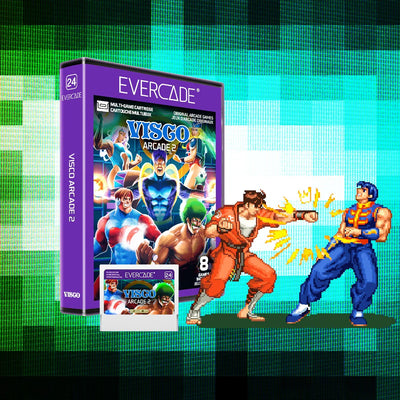 Pudełko Evercade Visco Arcade 2 z klasycznymi grami arcade i postaciami w stylu pixel art
