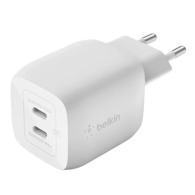 Biała ładowarka sieciowa USB-C, dwa porty, moc 45W, złącza typu C, nowoczesny design