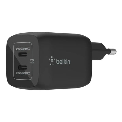 Czarna ładowarka sieciowa USB-C 65W z dwoma portami, widok z boku