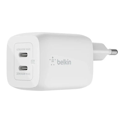 biała ładowarka sieciowa USB-C 65W z dwoma portami, nowoczesny design, akcesorium biurowe