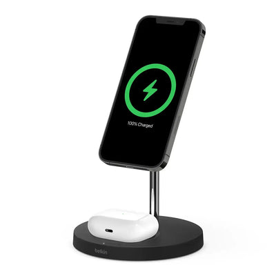 Czarna stacja dokująca MagSafe 2w1 z ładowarką bezprzewodową do smartfona i słuchawek