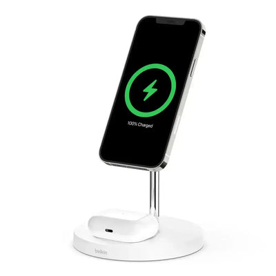 Biała stacja dokująca MagSafe 2w1 do ładowania bezprzewodowego smartfona i słuchawek