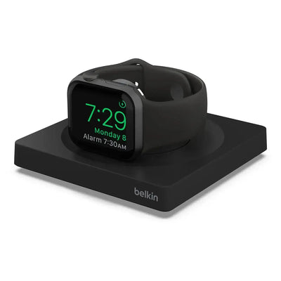 Czarna bezprzewodowa ładowarka biurkowa do Apple Watch, zegarek w trybie nocnym