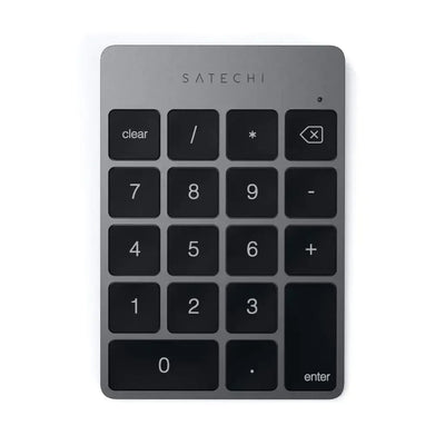 Numericzna klawiatura Bluetooth w kolorze szarym, smukła, aluminiowa, z czarnymi klawiszami.