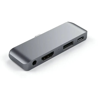 Aluminiowy hub USB typu C z portami HDMI, USB i audio, kolor szary, akcesoria biurowe