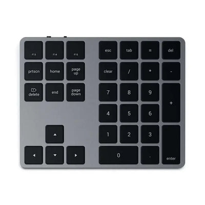 Szara klawiatura numeryczna Bluetooth z czarnymi klawiszami, nowoczesny design