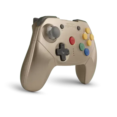 złoty bezprzewodowy gamepad retro z kolorowymi przyciskami, kontroler do gier