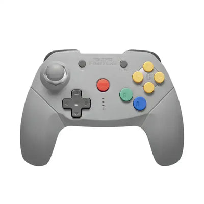 Szary bezprzewodowy gamepad do gier z kolorowymi przyciskami, widok z przodu.