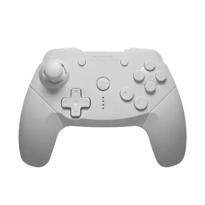 Biały bezprzewodowy gamepad do gier z przyciskami i joystickiem, widok z przodu