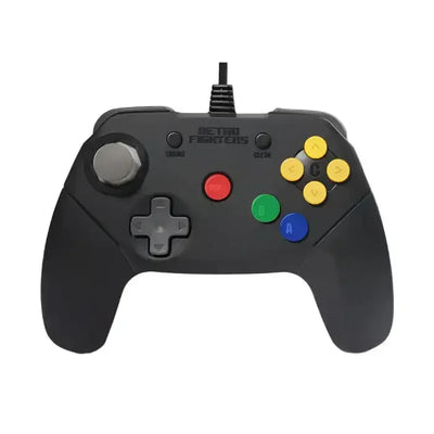Czarny przewodowy gamepad do konsoli z kolorowymi przyciskami, widok z przodu