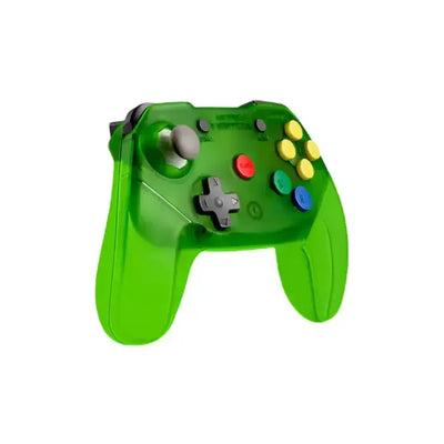 Bezprzewodowy zielony gamepad retro do gier z kolorowymi przyciskami, widok z boku