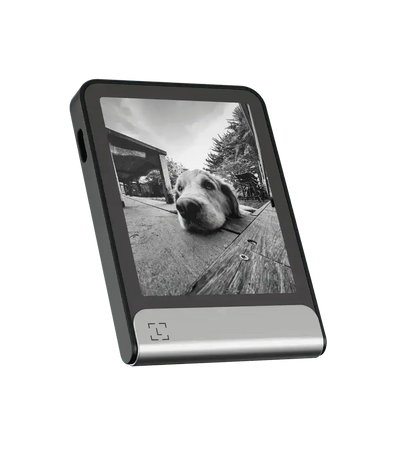 Cyfrowa ramka na zdjęcia, stojąca na biurku, czarna obudowa, wyświetla zdjęcie psa.
