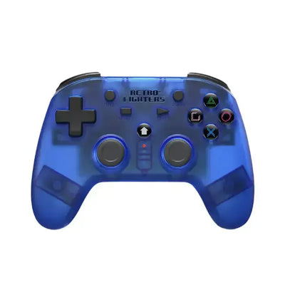 Bezprzewodowy niebieski gamepad Retro Fighters z przezroczystą obudową, przyciski i analogi