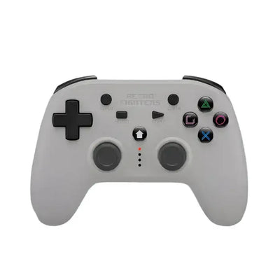 Biały bezprzewodowy gamepad do gier retro, widok z przodu na białym tle