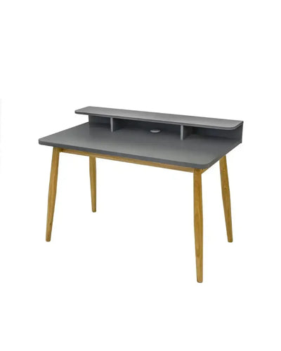 biurko do home office z szarą powierzchnią, drewnianymi nogami i półką na akcesoria