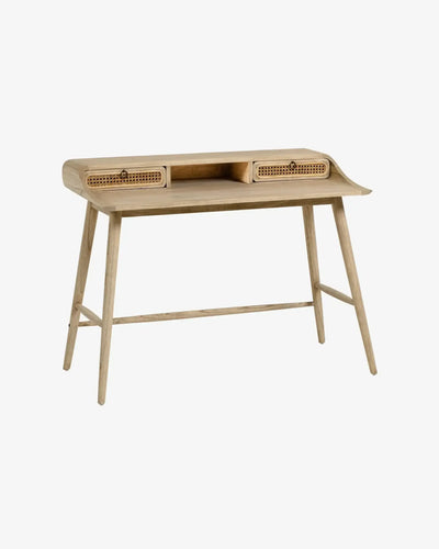 drewniane biurko do home office, dwa schowki z plecionką, minimalistyczny design