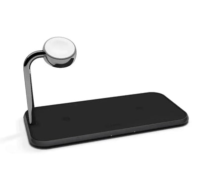 Czarna stacja ładowania indukcyjna z miejscem na smartwatch idealna do biura home office