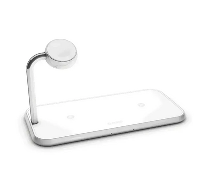 Biała stacja ładowania indukcyjna do biura, minimalistyczny design, stojak na smartfon i smartwatch.