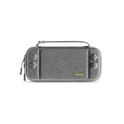 Szare etui na konsolę przenośną z zamkiem, minimalistyczny design, wygodny pasek