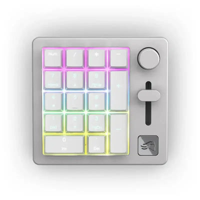 Mechaniczny numpad z podświetleniem RGB, pokrętłem i suwakiem, idealny do biura.